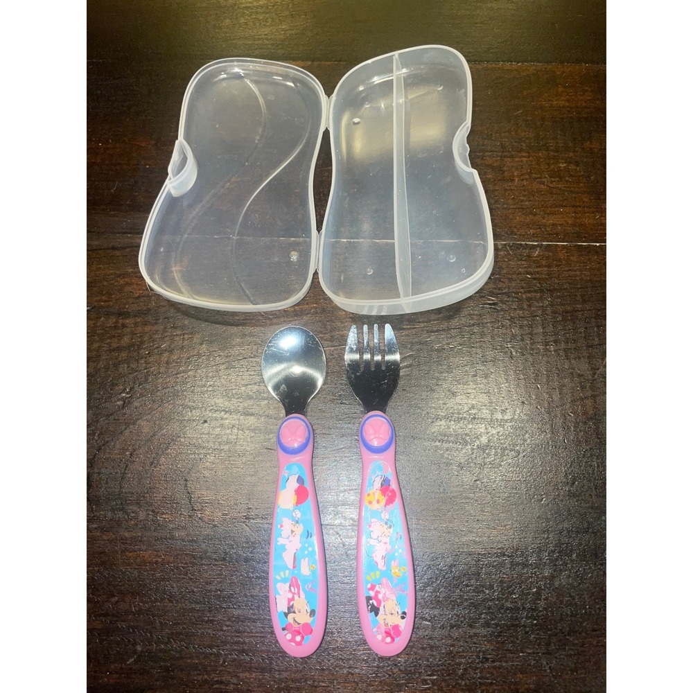 Disney Minnie Mouse Toddler‎ Utensil Set Spoon Fork Travel Case Pink Blue